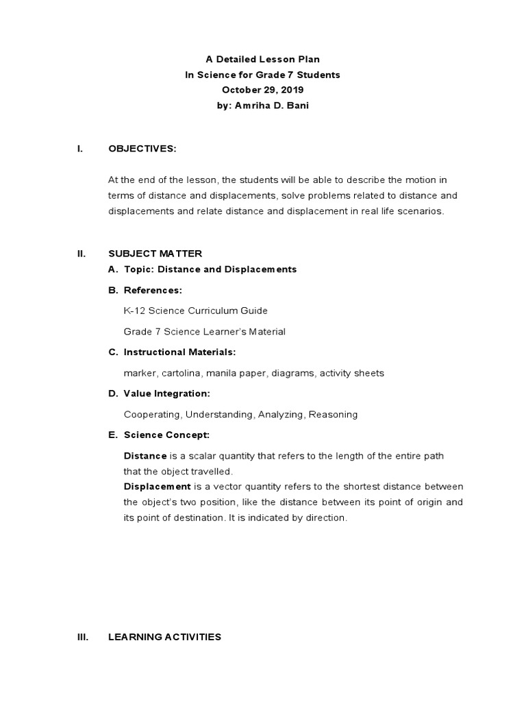 Distance and Displacement Lesson Plan | PDF | Distance | Euclidean Vector