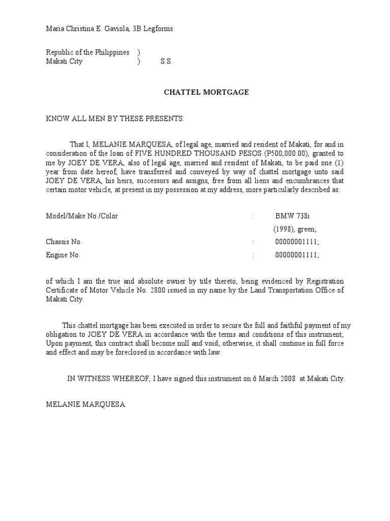 Chattel Mortgage PDF Mortgage Law Civil Law (Legal System)