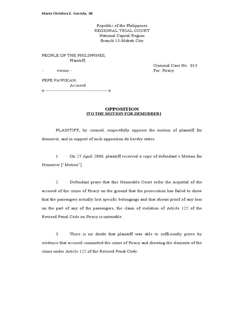 Opposition to Demurrer in Piracy Case | PDF | Demurrer | Prosecutor