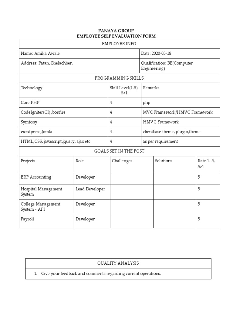 Employee Self Evaluation Form: Amika Awale | PDF