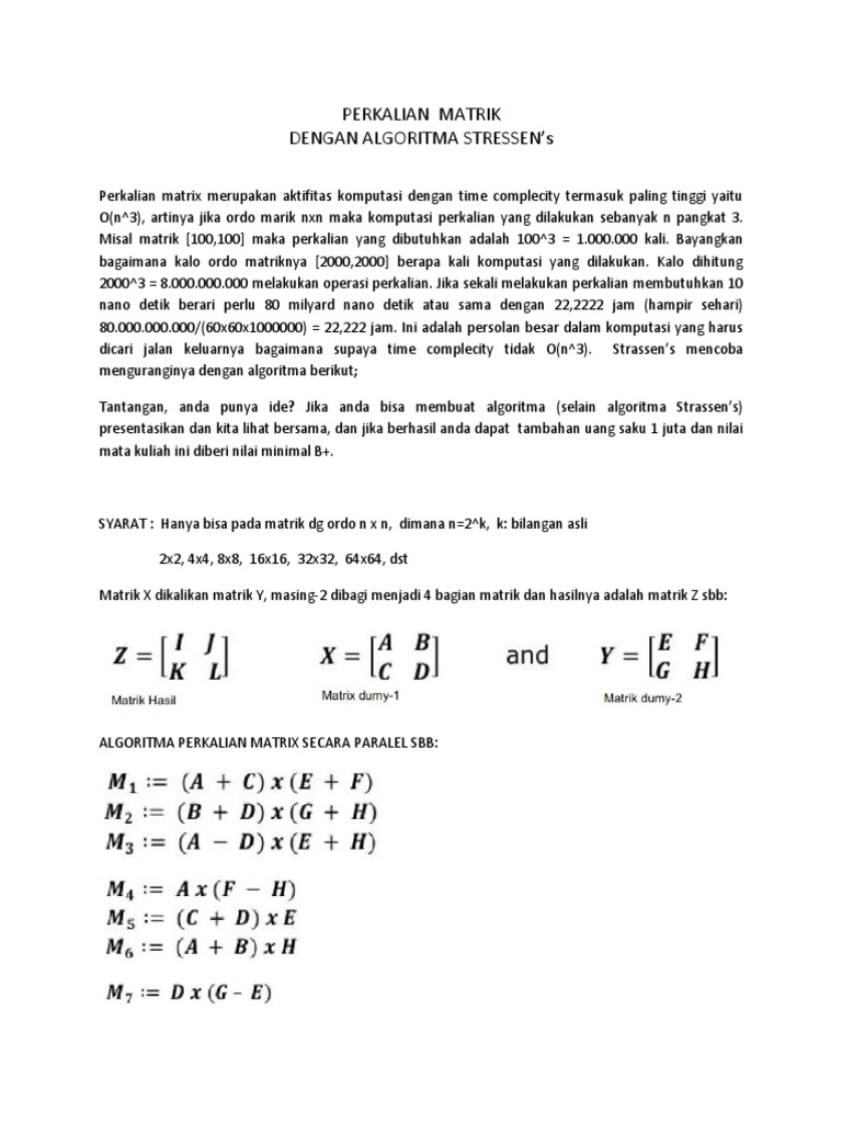 Algoritma Strassen untuk Perkalian Matriks | PDF