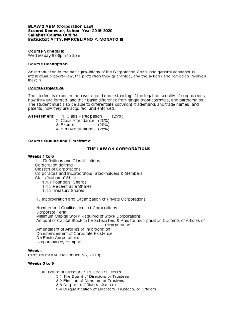 Syllabus Blaw 2 Corporation Law | PDF | Corporations | Mergers And ...