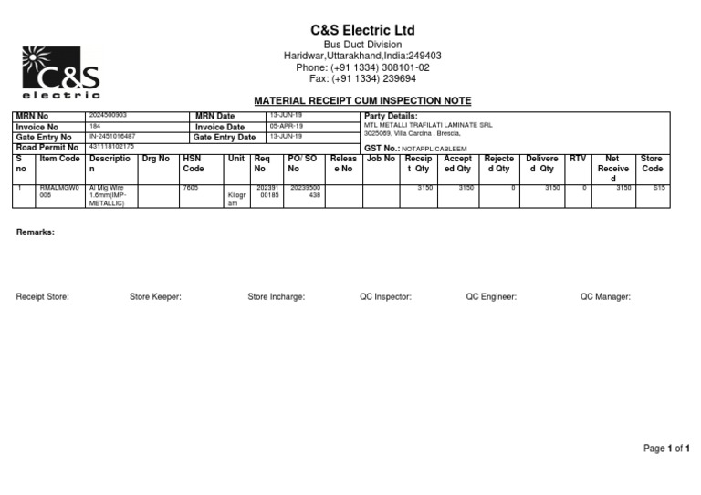 Material Receipt Inspection Note | PDF
