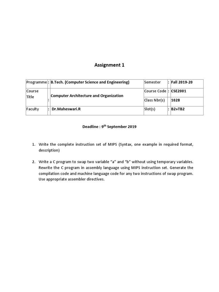 MIPS Assignment for CSE 2001 | PDF