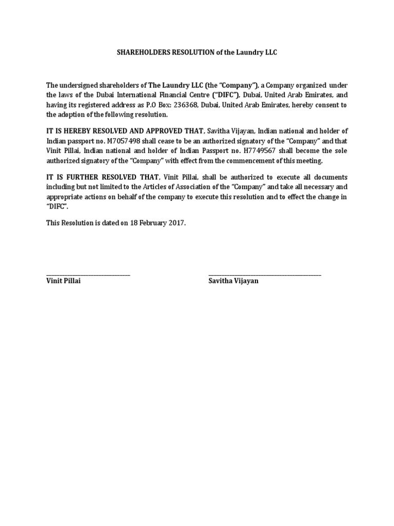 Shareholders Resolution for Laundry LLC | PDF | Law