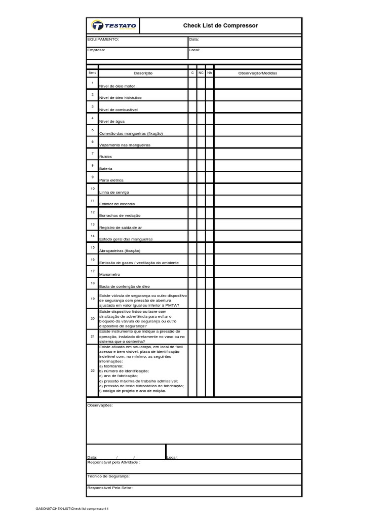 Check List para Compressor de Ar | PDF | Pressão | Energia e recurso
