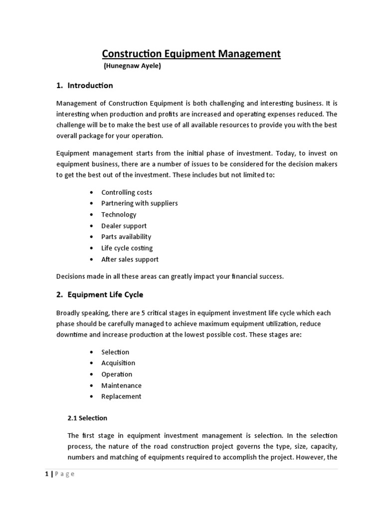 Construction Equipment Management-1 | PDF | Product Lifecycle | Human ...