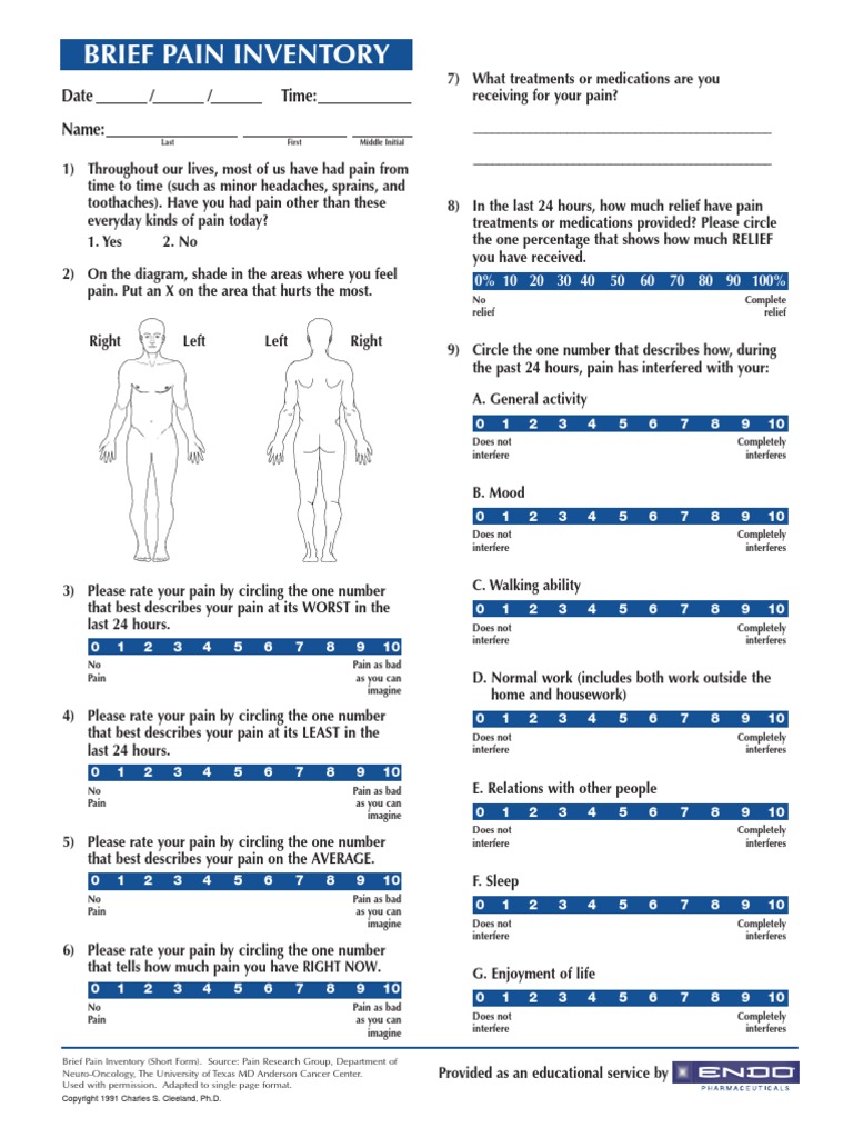 Brief Pain Inventory (Short Form) | Pain Management | Pain
