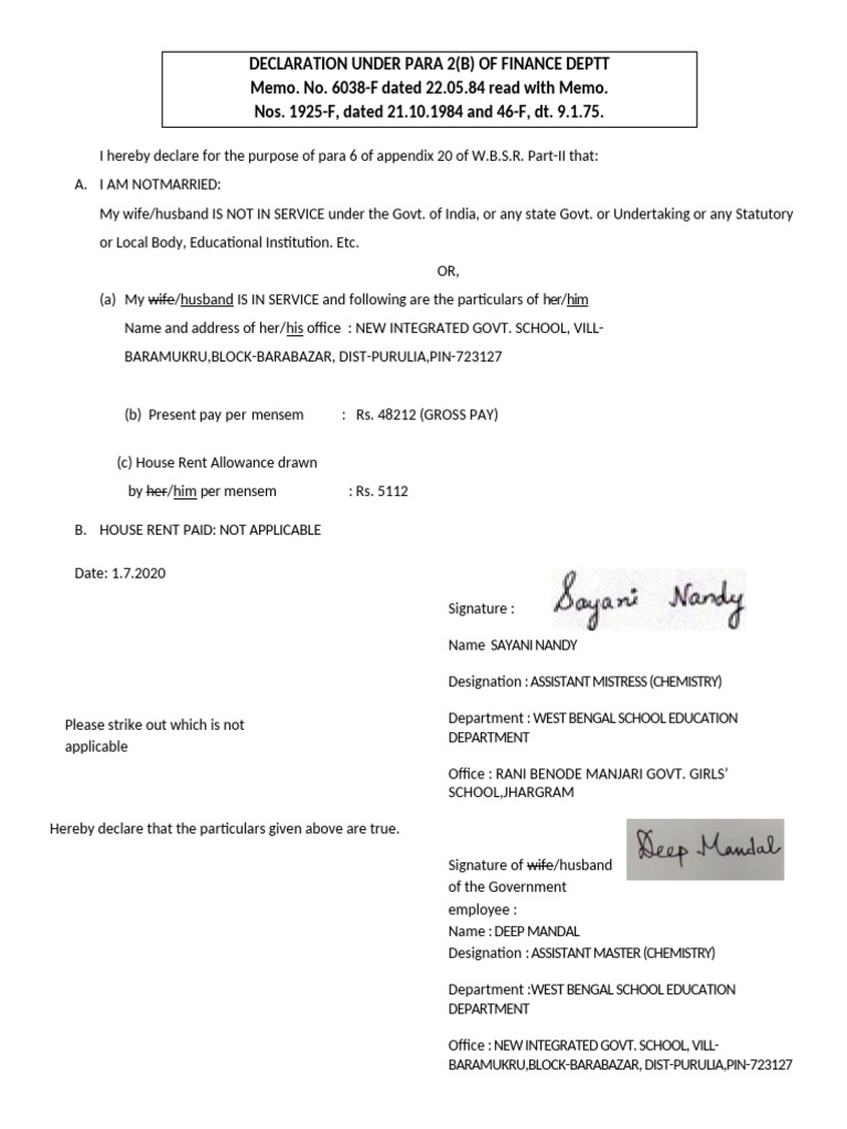 Declaration Under para 2 (B) of Finance Deptt Memo. No. 6038F Dated 22