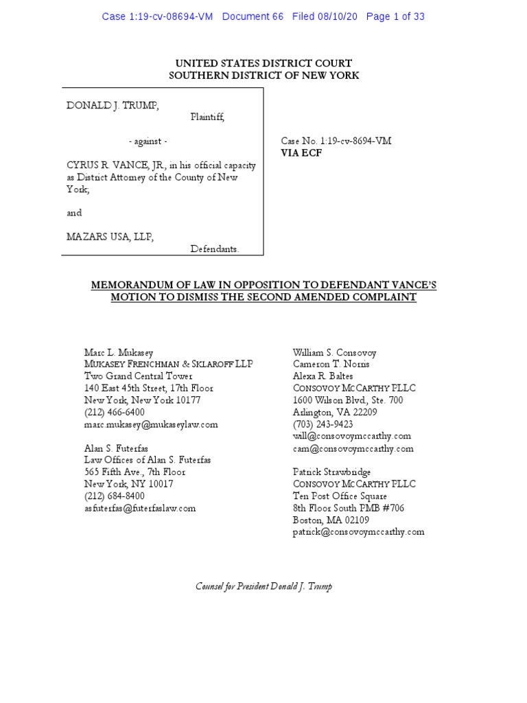 Trump vs. Vance: Legal Opposition | PDF | Federal Rules Of Civil ...