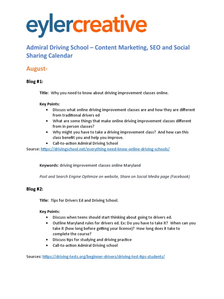 Admiral Driving School Content Calendar AugOct PDF Search Engine