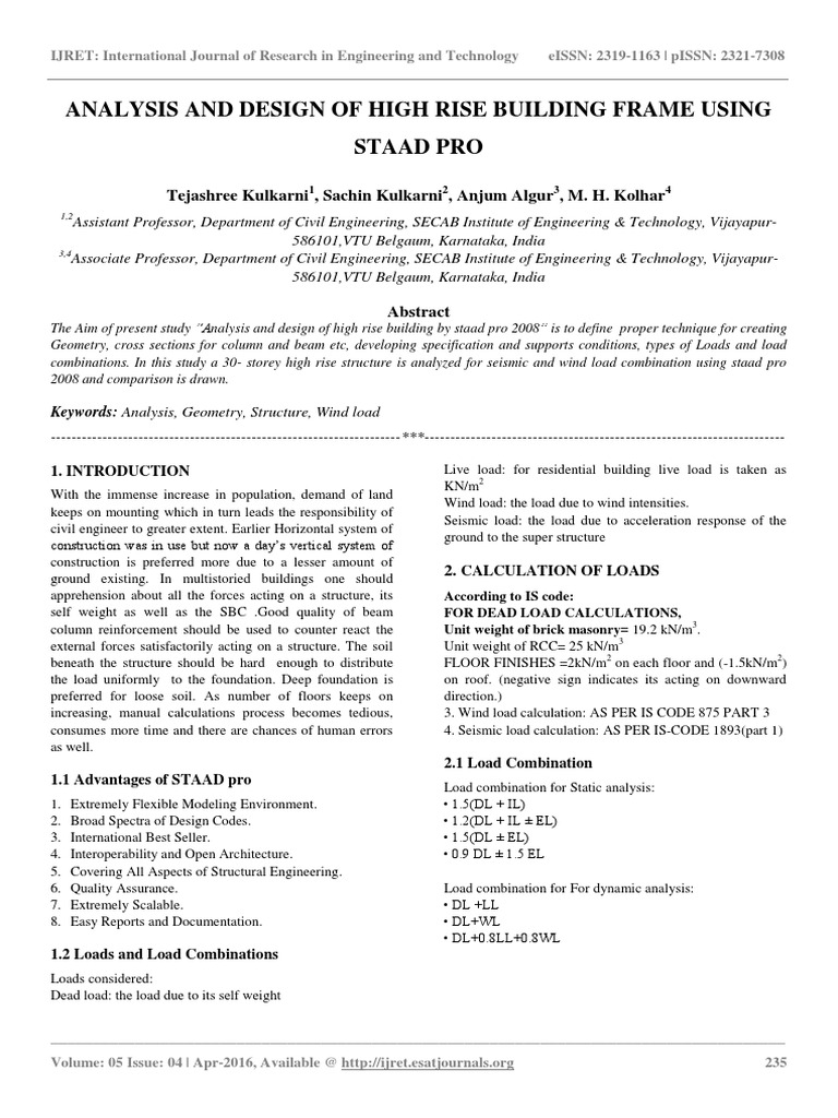 Analysis and Design of High Rise Building Frame Using Staad Pro PDF ...