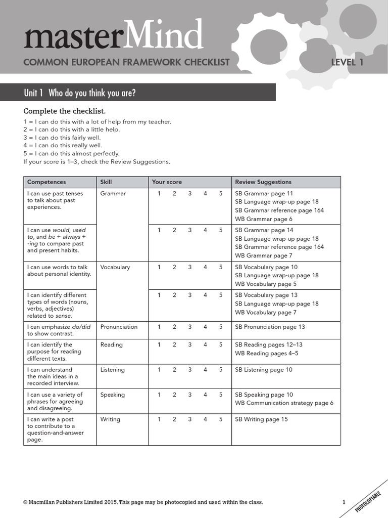 Mastermind 1 Unit 1 CEFR Checklist | PDF | Vocabulary | Grammar