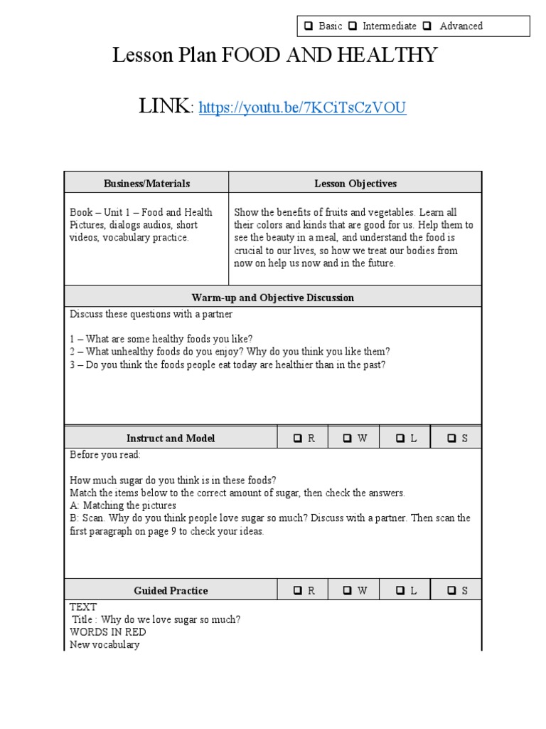 Food and Healthy Lesson Plan PDF Lesson Plan Foods