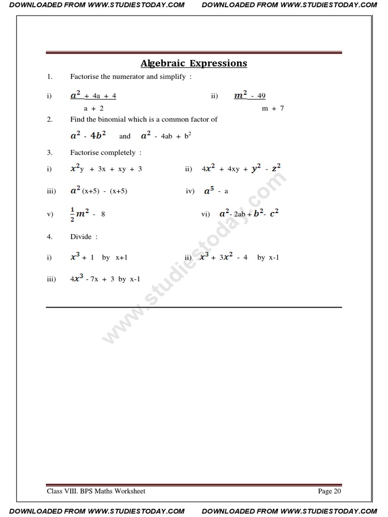 Class 8 Algebraic Expressions Worksheet | PDF