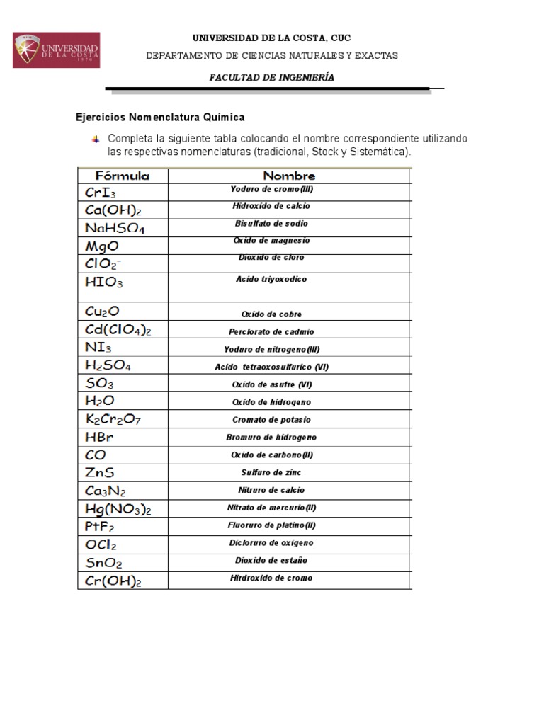 Actividad Nomenclatura Quimica Inorganica Wilson Sierra Rieles Calcio