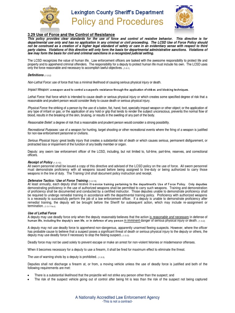 LCSD Use of Force Policy PDF Deadly Force Use Of Force