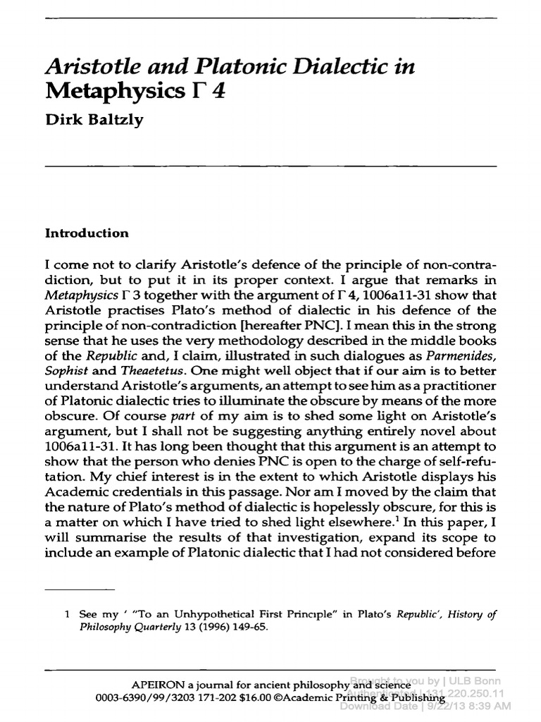 Aristotle and Platonic Dialictic in Metaphyiscs IV | PDF | Plato ...