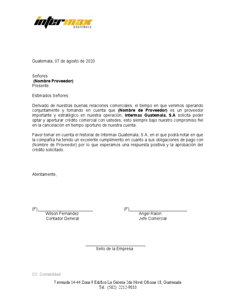 Carta De Solicitud De Credito A Proveedor Contabilidad Economias