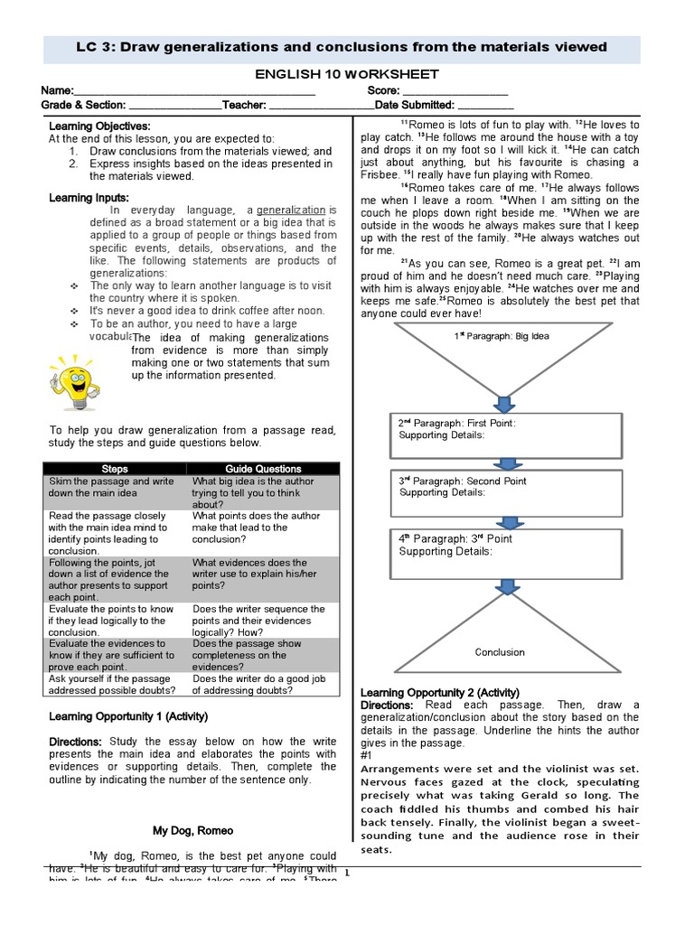 LC 3 Draw Generalizations and Conclusions Based On The Materials Viewed ...