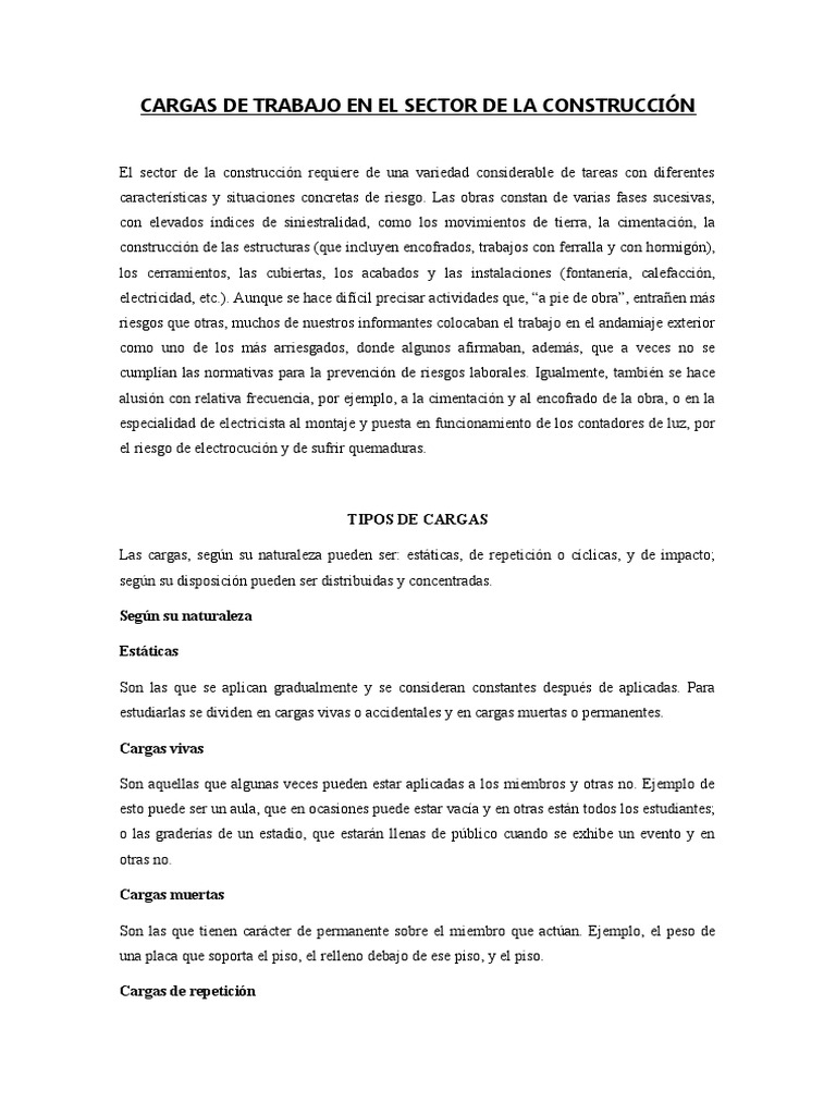 Cargas de Trabajo en El Sector de La Construcción PDF Fundación (Ingeniería) Fatiga (material)