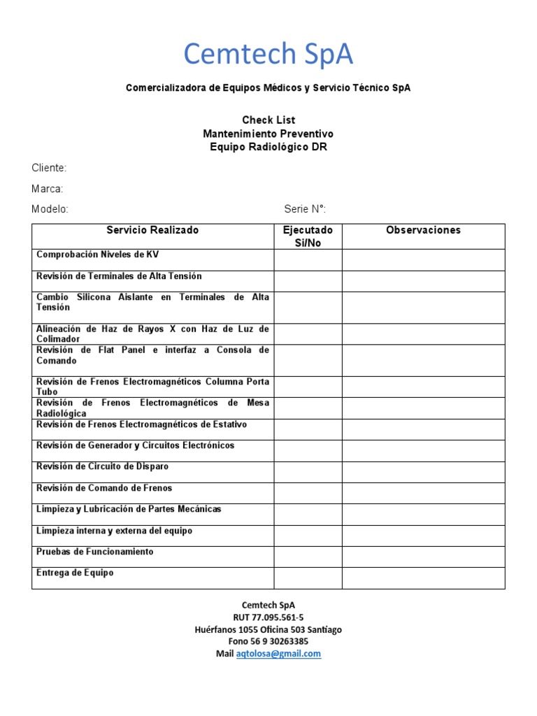 Check List Mantenimiento Rayos X | PDF