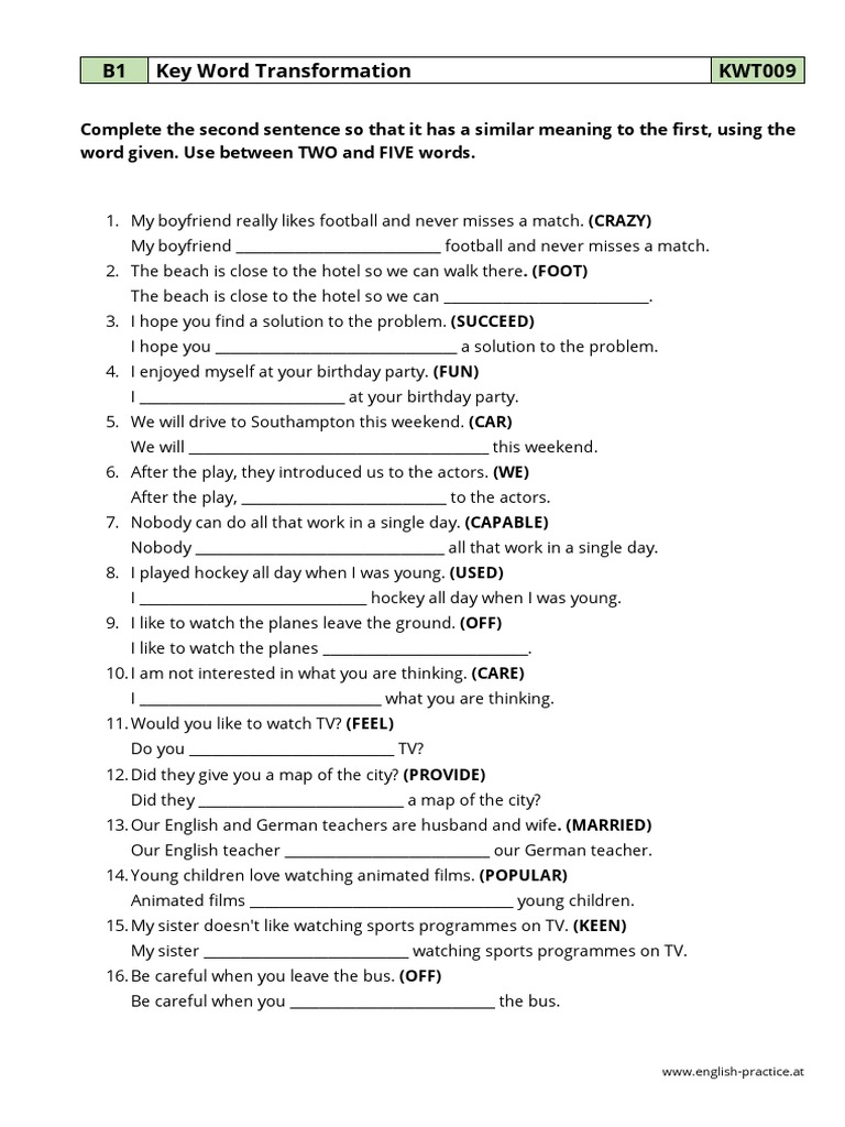 Fce Key Word Transformation Exercises Pdf
