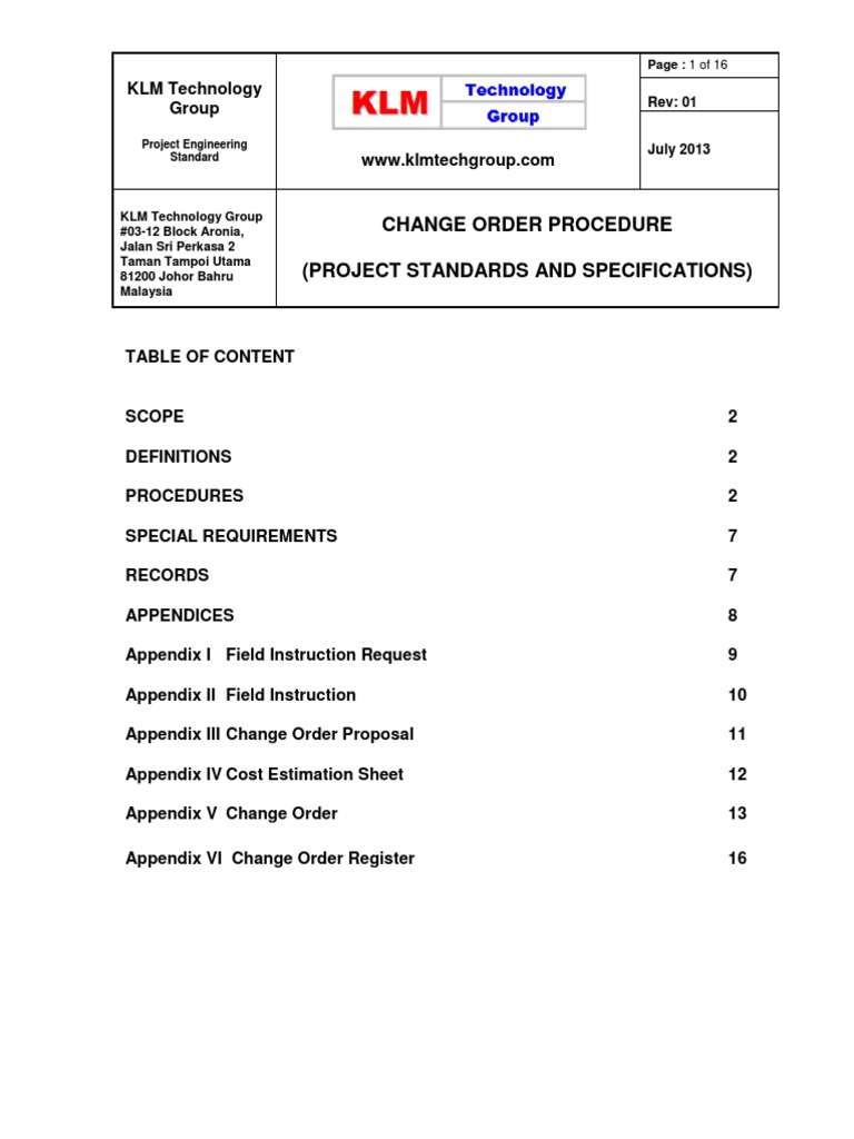 Change Order Management Procedure | PDF | Specification (Technical ...