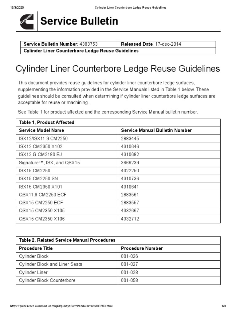 Cylinder Liner Counterbore Ledge Reuse Guidelines PDF Wear Nature