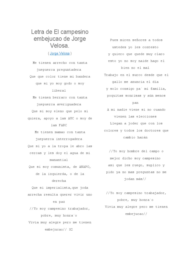 Letra De El Campesino Embejucao De Jorge Velosa Pdf