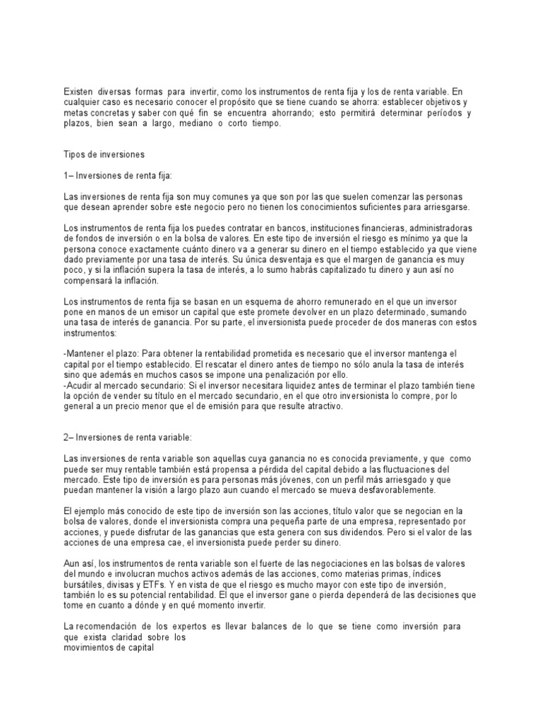Tipos de Inversión: Renta Fija y Variable | PDF | Mercado de divisas ...