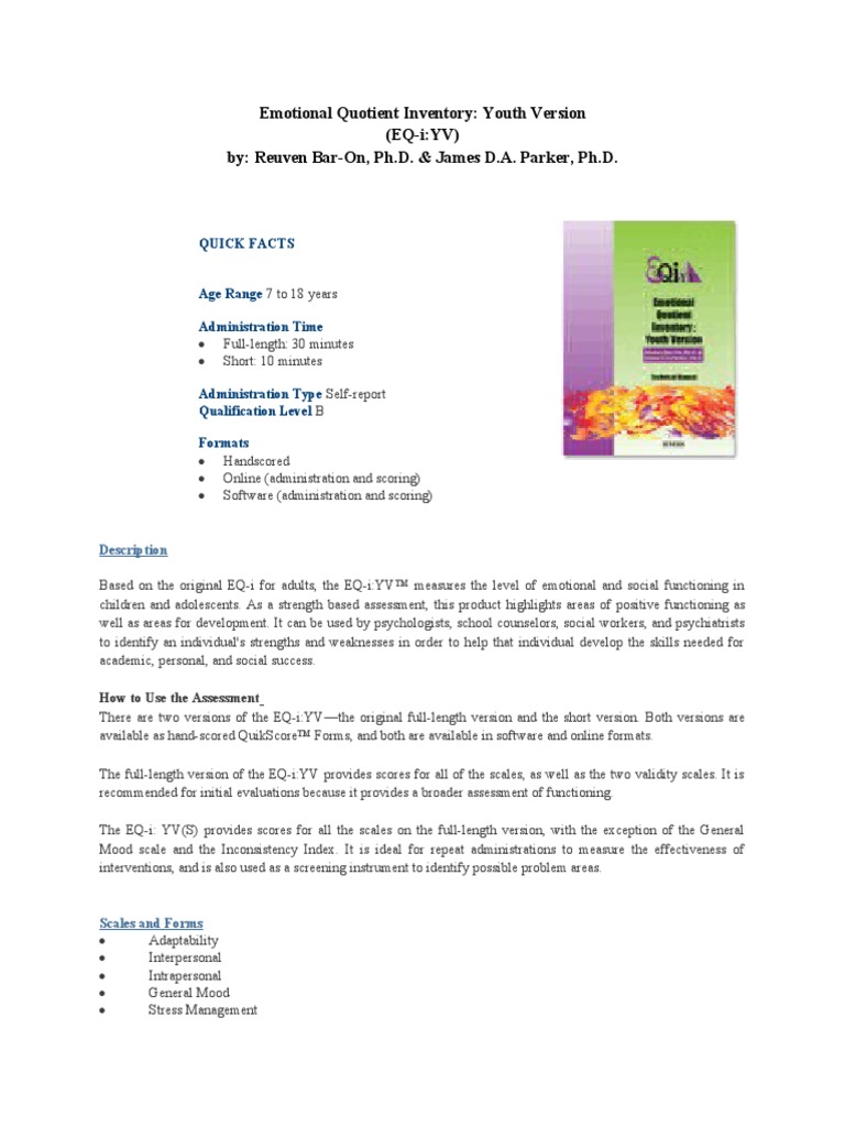 Emotional Quotient Inventory: Youth Version (EQ-i:YV) By: Reuven Bar-On ...