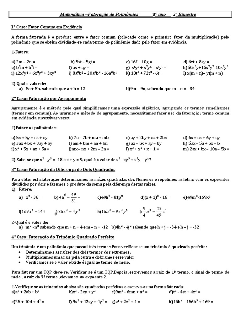 Fatoração de Polinômios - 8º Ano | PDF | Teoria dos Anéis | Ensino de ...