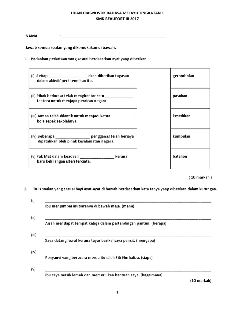 Ujian Diognistik Bahasa Melayu Tingkatan 1 Pdf