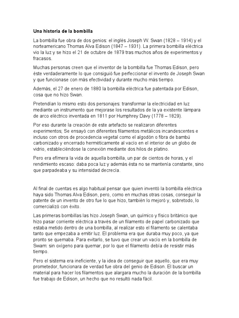 Una Historia De La Bombilla Pdf Bombilla Incandescente Thomas Edison