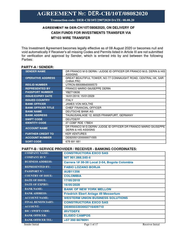 MT103 WT Toip Derin 082020 PDF PDF Wire Transfer Payments