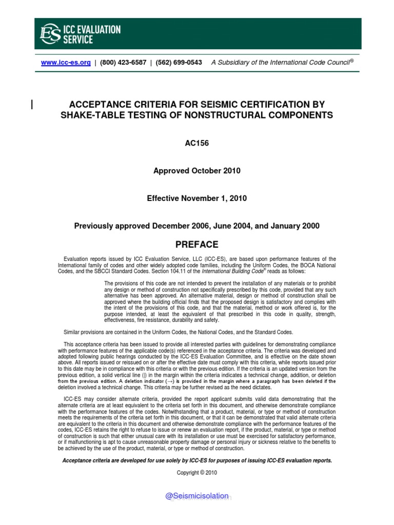 Acceptance Criteria For Seismic Certification by Shake Table Testing