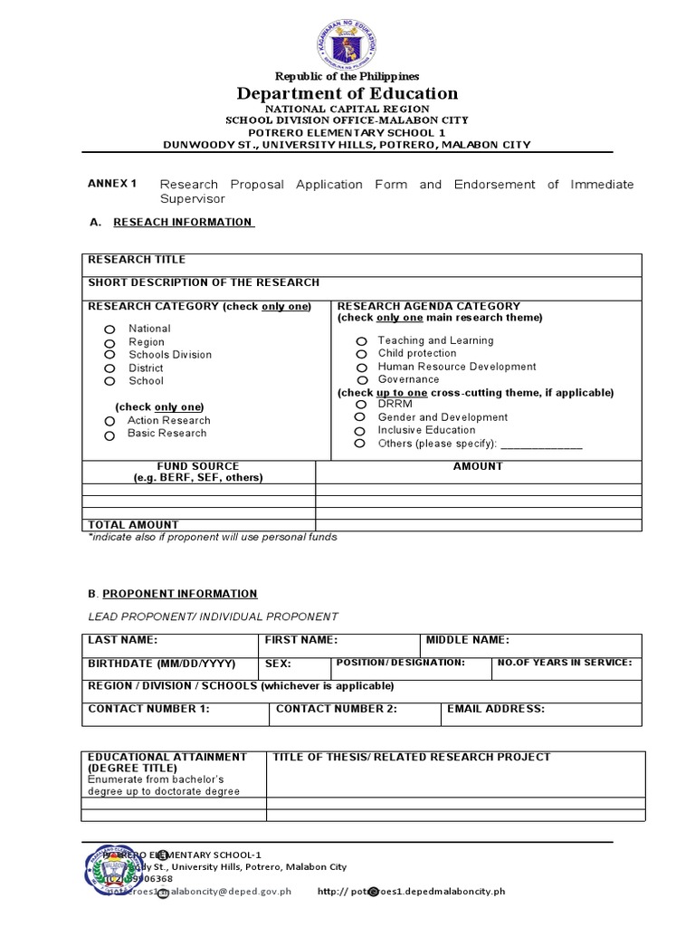 research proposal application form and endorsement of immediate supervisor