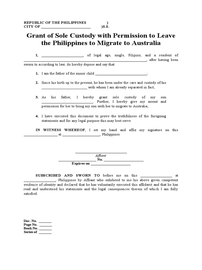 Grant of Sole Custody and Permission for a Child to Migrate from the Philippines to Australia