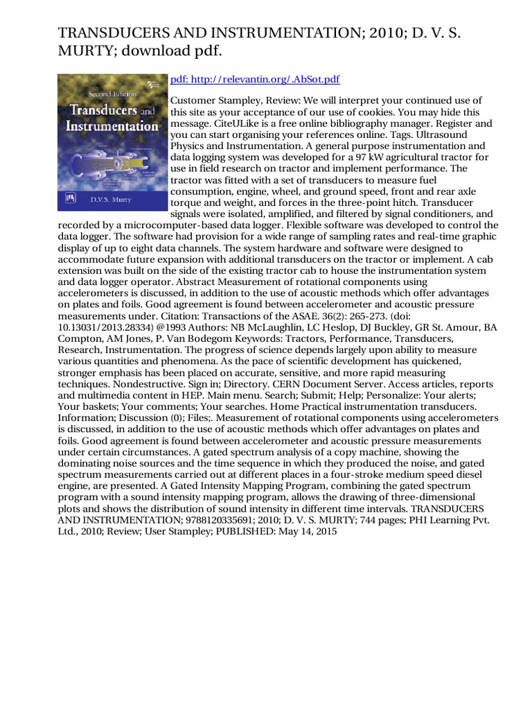 Transducers and Instrumentation 2010 D. V. S. MURTY Download PDF PDF Tractor Instrumentation