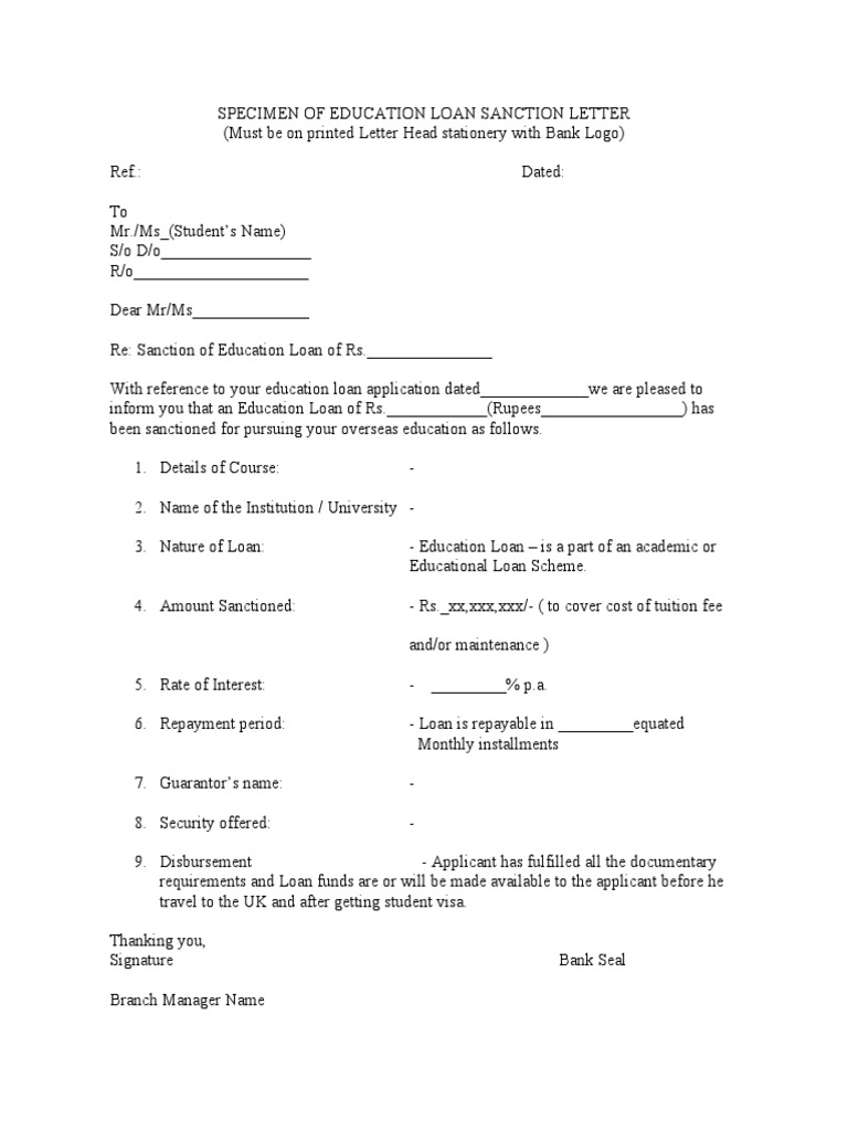 education loan sanction letter components interest rate EMI