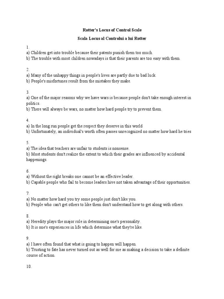 Rotter's Locus of Control Questionnaire | PDF | Luck | Motivation