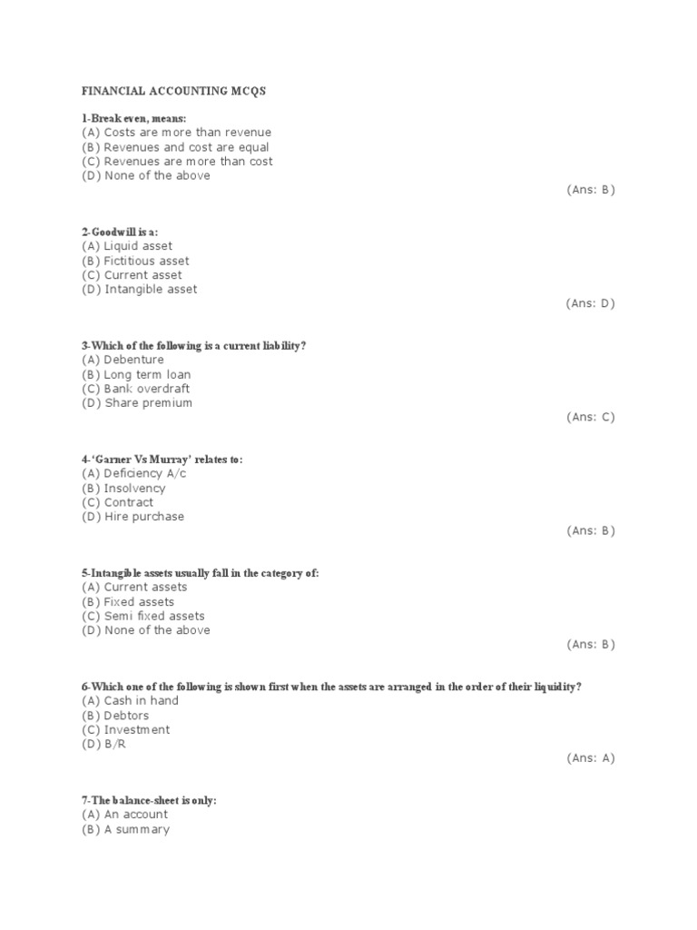 Financial Accounting MCQs with Answers | PDF | Earnings Per Share ...