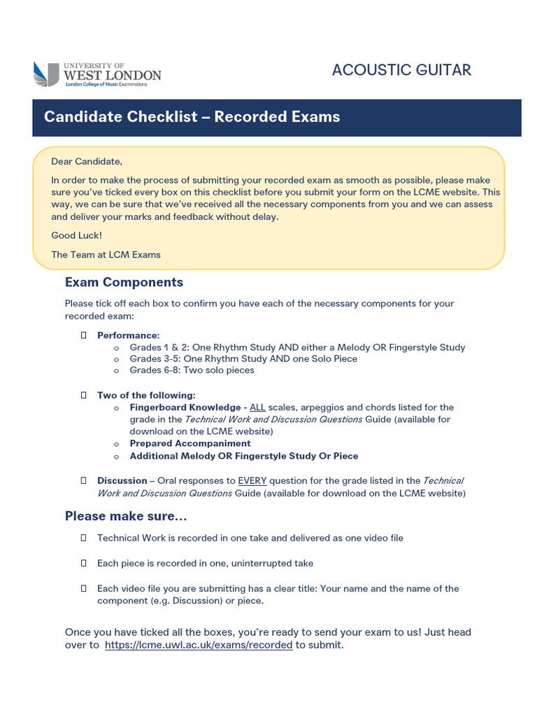 Acoustic Guitar Exam Submission Checklist | PDF