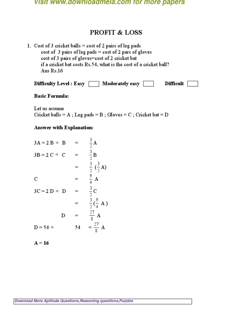 Profit and Loss Problems with Solutions | PDF | Percentage | Prices