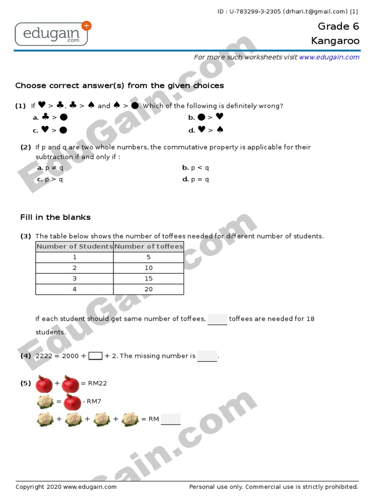 Grade 6 Kangaroo Choose Correct Answer(s) From The Given Choices PDF Teaching Mathematics