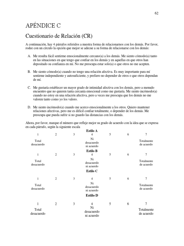 Cuestionario de Relación - Bartholomew & Horowitz, 1991 PDF | Descargar ...
