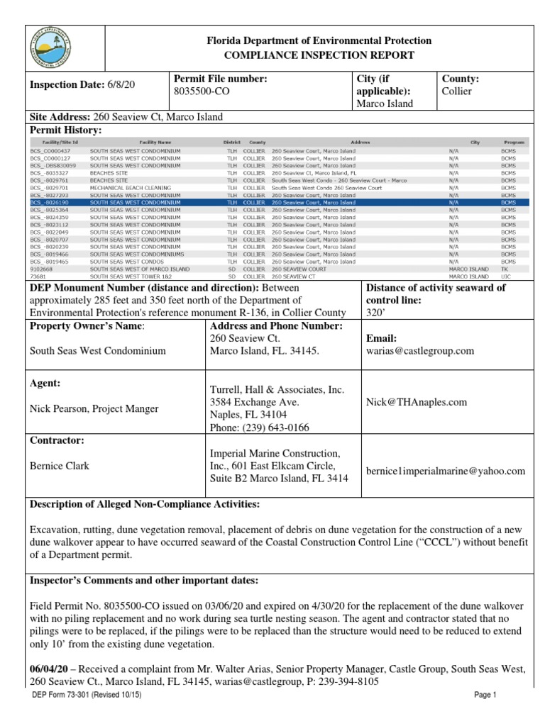 DEP Compliance Inspection Report of South Seas West Condo On Marco ...