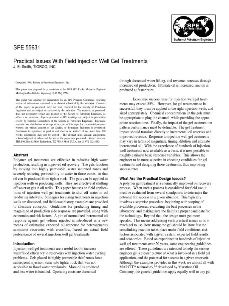 SPE 55631 Practical Issues With Field Injection Well Gel Treatments PDF Barrel (Unit