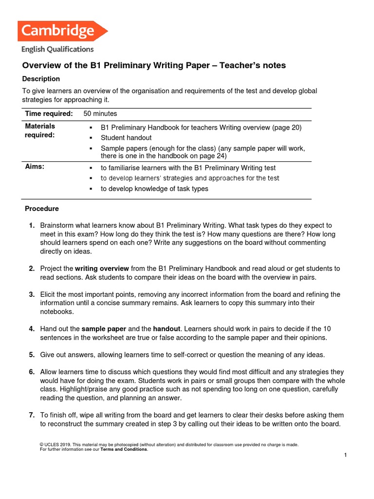 B1 Preliminary Writing Overview | PDF | Question | Human Communication